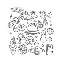 An image of an outline drawing of space themed items vector