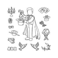 Magician with hat and other items coloring page vector