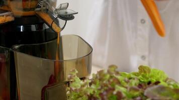 The juicer makes carrot juice or smoothie. woman makes juice with juicer machine. video