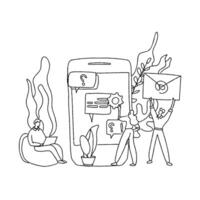 Line drawing of people using a smartphone vector