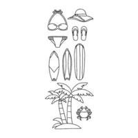 A drawing of beach items including a surfboard, hat, and palm tree vector