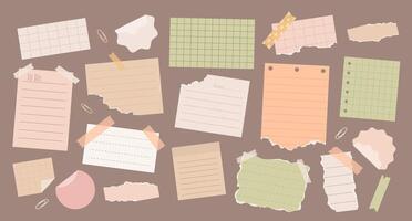 Set of torn paper notes, stickers, to do list, duct tapes, paper clips. Isolated multicolored sticky elements, planners, reminders for mood boards or scrapbooking on background. Flat style. vector