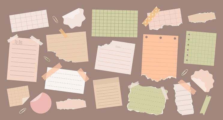 Set of torn paper notes, stickers, to do list, duct tapes, paper clips. Isolated multicolored sticky elements, planners, reminders for mood boards or scrapbooking on background. Flat style.