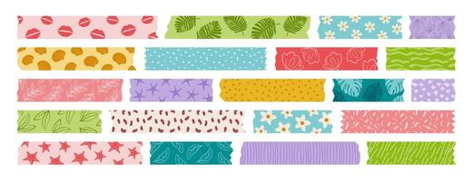 Set of isolated washi tape strips, sticky duct tapes, adhesive paper, and stickers. Various patterned elements with ripped edges on a white background. Collection for scrapbooking and collages. vector
