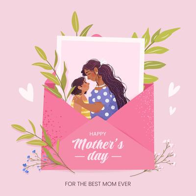 Happy Mother's Day concept. Festive square greeting card or poster. Family photo of mom and daughter in envelope with herbs and hearts. Cute grainy illustration for social media in flat style.
