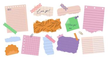 Set of various torn paper notes, stickers, to do list, duct tapes, paper clips. Isolated sticky elements, planners, and reminders for journals, mood boards, or scrapbooking. Flat illustrations. vector