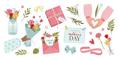 Happy Mother's Day. Various hand drawn clipart bundle. Set of cute flat illustrations. Isolated elements on white background. Objects for scrapbooking, collages, and celebration designs. vector