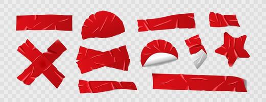 Set of glossy red duct tape, adhesive tape, or sticky papers. Isolated elements in various shapes and strips on background. Realistic crumpled tape pieces for collages or scrapbooking. vector