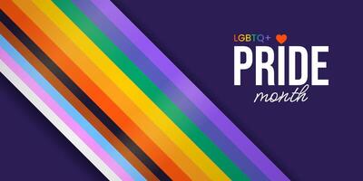 Happy Pride Month. Horizontal festive template for social media posts, banners, backgrounds. LGBTQIA. Background with progress pride flag for festival parades, parties, and events. vector