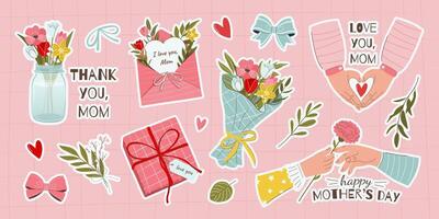 Happy Mother's Day. Set of various hand drawn stickers. Bundle of cute illustrations and celebratory text. Isolated elements on pink background. Clip arts for scrapbooking and collages. vector