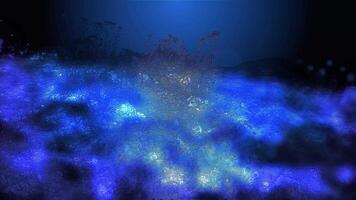 The translucent, bright blue, metallic fantasy landscape smoothly changes perspective, creating the effect of flight and presence for the observer. video