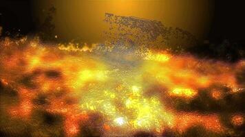 A translucent golden fantasy landscape with a metallic hue smoothly changes perspective, creating the effect of flight and presence in the observer. video