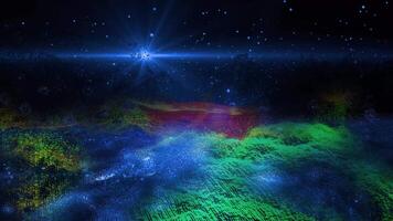 The metallic, cosmic-fantastic landscape smoothly changes perspective, creating the effect of flight and presence for the observer. video