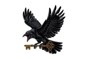 colored illustration of a crow with a vintage key vector