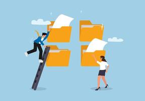 business people climbing up a ladder to get files from a folder vector