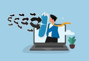 a man is holding a laptop with a bunch of arrows coming out of it vector