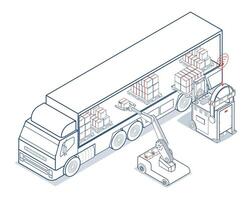 Robotic Arm and Forklift Taking a Cardboard Box in The Warehouse. Autonomous Robot Transportation operation service. vector
