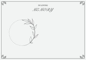Funeral card. Empty card with light background and photo frame with leaves. In loving memory. vector