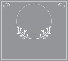 Funeral card. Empty card with leaves frame and church cross. Grey background vector