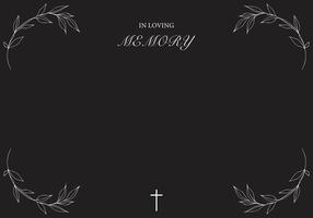 Funeral card. Empty card with leaves frame. In loving memory. Church cross. vector