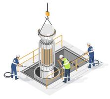 Engineers installing micro nuclear reactor for industrial clean energy generation with safety measures in isometric illustration isometric cartoon vector