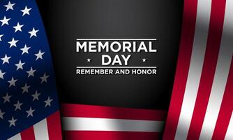 Memorial Day Greeting Card Design. Invitation template with text and waving US flag on black background. vector