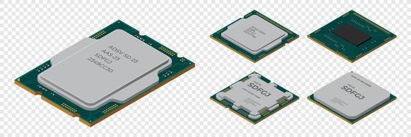 Set of isometric processor. Central processing unit or CPU. Computer hardware components. Semiconductor technology concept. illustration, vector