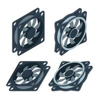 Set of isometric computer fan. Computer fan cooler. Isometric of PC case fan. Computer hardware components. illustration vector