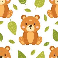 Seamless pattern with cute bear and leaves vector