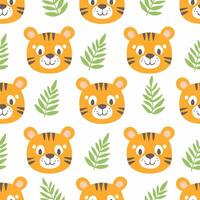 A seamless pattern with tiger faces and leaves vector