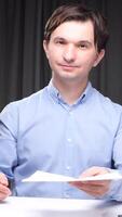vertical Office worker offering contract and making inviting hand gesture video