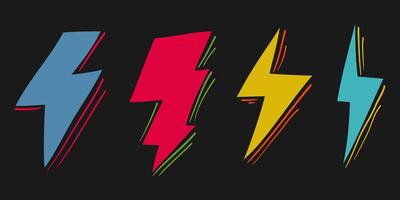 doodle electric lightning, thunder bolt in retro color style. isolated on white background vector