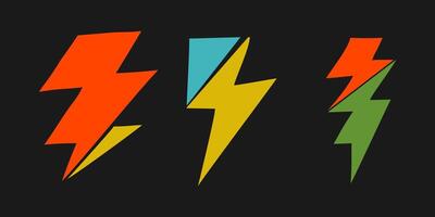 Set of doodle electric lightning, thunder bolt in retro color style. isolated on white background vector