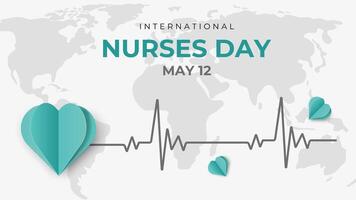 International Nurses Day Banner. Background with World Map, Paper Cut Heart, Cardiogram Element and Space for Text. Elegant World Health Card Thank You Design. National Medical Worker and Doctor Day. vector