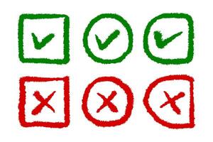 Collection of green and red check marks and crosses on a white background vector