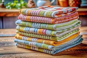 Baths neatly folded stacks of colored towels,fabrics,tablecloths,curtains photo