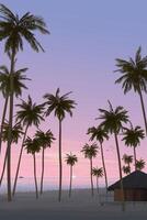 Silhouette coconut palm trees and bungalow at seaside with dramatic sky vertical background graphic illustration have blank space. vector