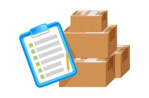 clipboard tasks and crate boxes, quality stock check, checkmark report, warehouse factory, stock quality cargo control, cardboard parcel boxes, postal parcel box, carton shipping box vector