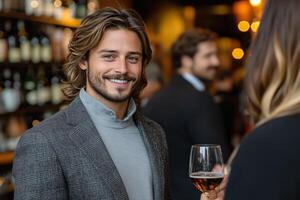 Handsome man smiling at a cocktail party with people and drinks in the background at an event space photo