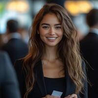 Portrait of a smiling woman with long brown hair in a business suit at a networking event indoors photo