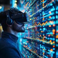 Man using virtual reality headset exploring data analysis and futuristic technology interface display photo