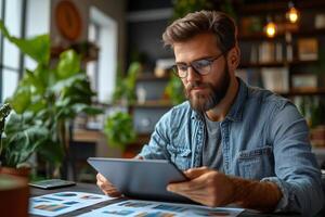 Man working from home analyzing charts on tablet for business growth and financial planning strategy photo