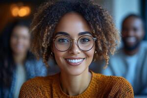Portrait of a smiling woman with glasses and curly hair in a warm sweater looking at the viewer photo