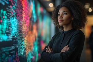 Woman analyzing big data visualization on screen for ai and machine learning application use case photo