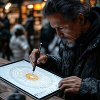 Man drawing digital art on device with stylus for graphic design and illustration project outside urban scene photo