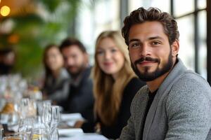 Handsome man smiling at restaurant with friends enjoying meal and drinks at a social gathering event photo
