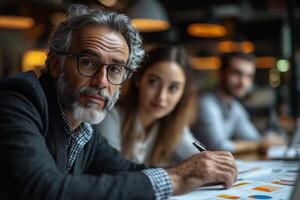 Mature businessman in meeting analyzing charts and graphs with team at office workplace setting photo