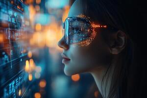 Futuristic augmented reality interface woman with digital glasses looking at data visualization screen photo