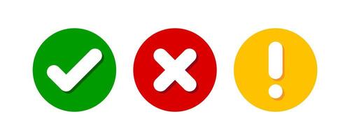 correct check mark and cross, exclamation in circle sign vector