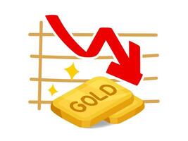 gold bar on graph and arrow down, fall, chart gold with increase and decrease, gold profit and loss concept vector